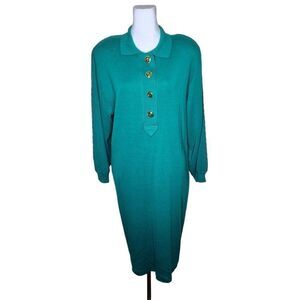 Vintage 80s Midi Long Sleeve Shirt Sweater Dress Womens Size 10 Teal Green Gold